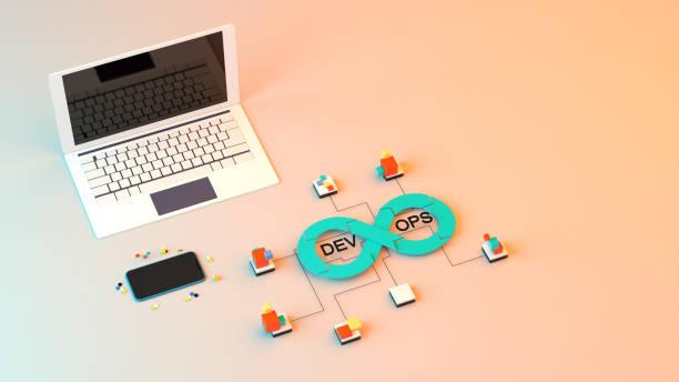 a laptop on a colorful surface with a symbol of DevOps 