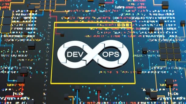 the symbol of DevOps on a blurred out background of codes